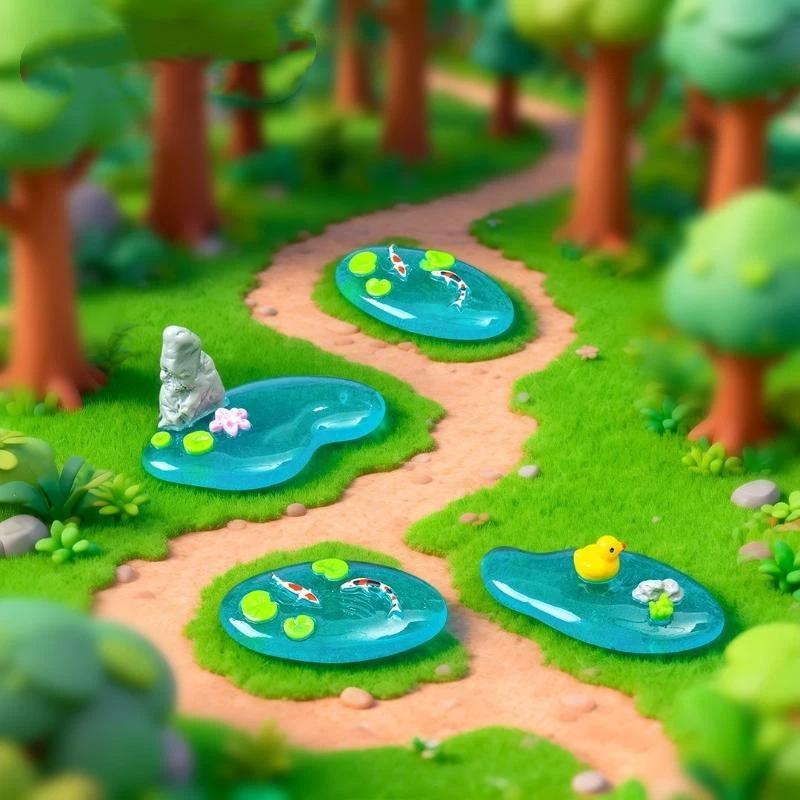 Bonsai Garden With Pond - 미니 레진 연못 장식품, 잉어, 오리,